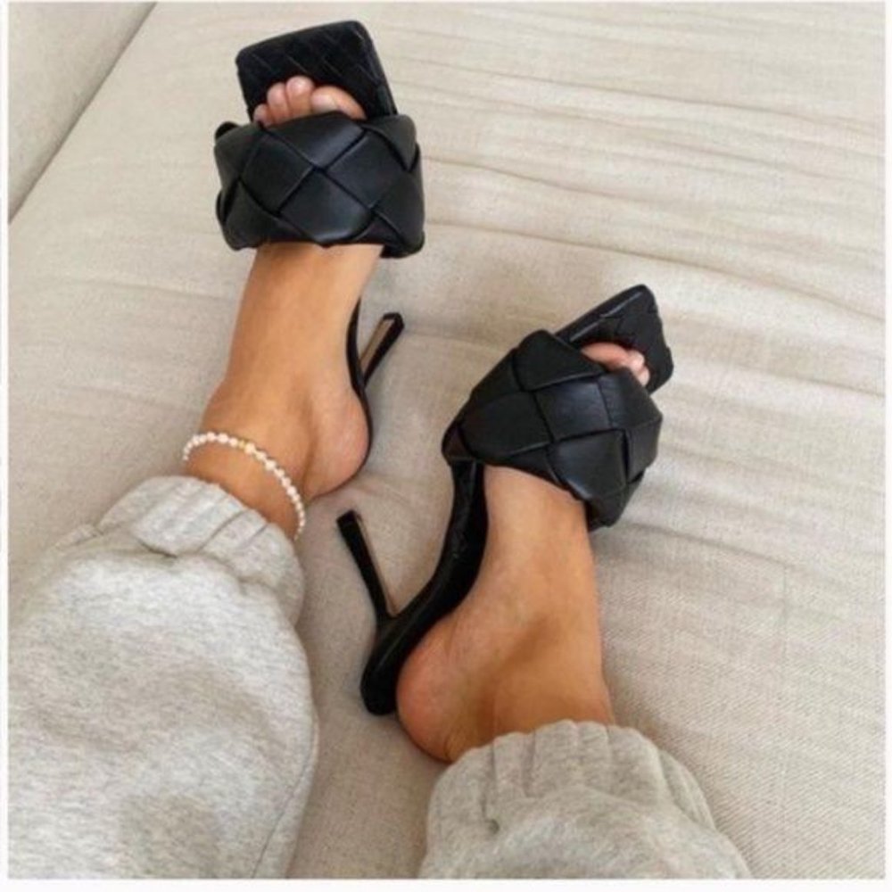 Woven Square Toe Mules – Black - Picture 2 of 10